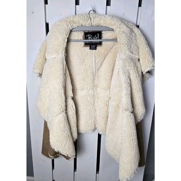 B Hip Waterfall‎ Boho Hippie Faux Suede Sherpa Ruffle Front Jacket Beige SZ L - Picture 2 of 11